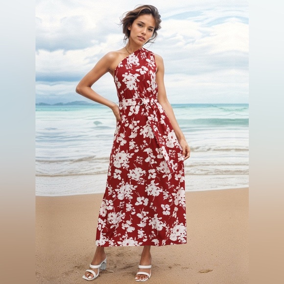One Shoulder Maxi Dress in Red Floral - Picture 1 of 4